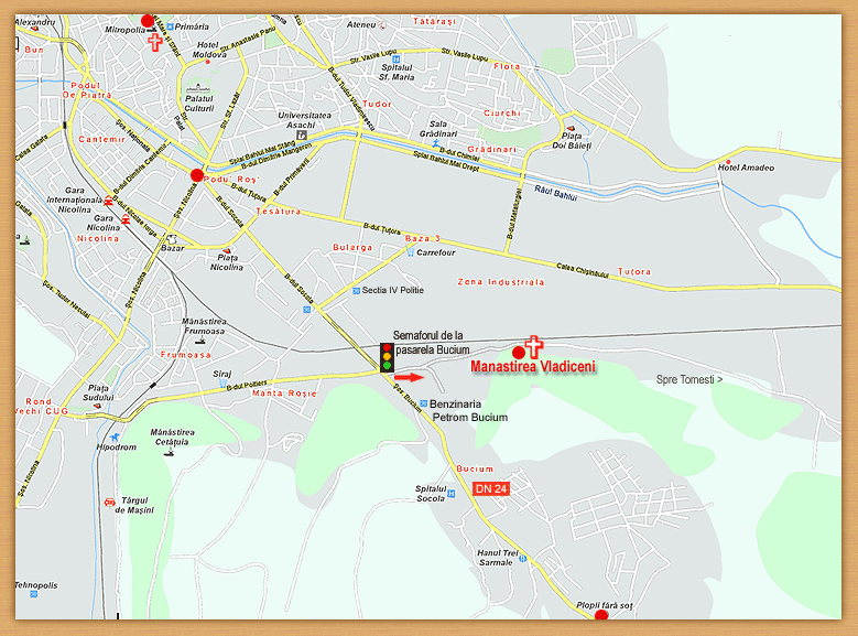 Harta cu localizarea manastirii Vladiceni, Iasi